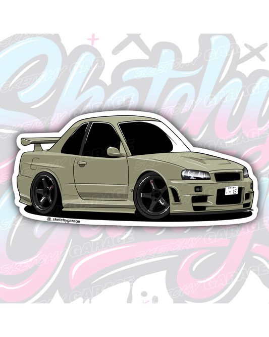 Hand-drawn Nissan R34 GTR Skyline vinyl sticker by Sketchy Garage