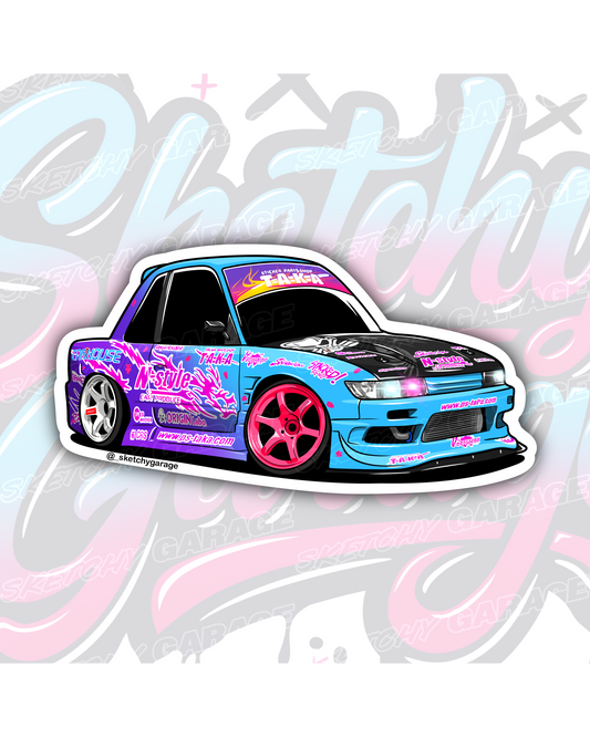 Hand-drawn Nissan S13 Silvia drift car vinyl sticker by Sketchy Garage