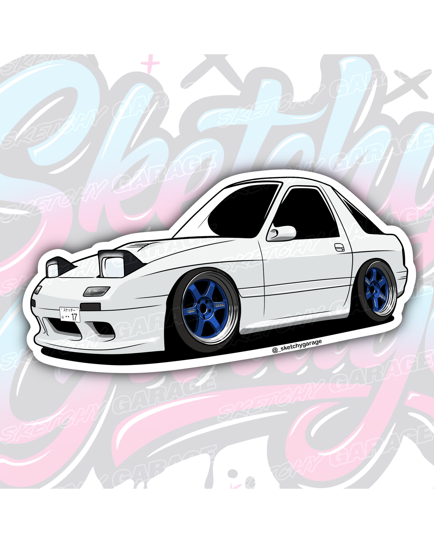 Hand-drawn Mazda FC RX7 rotary vinyl sticker by Sketchy Garage