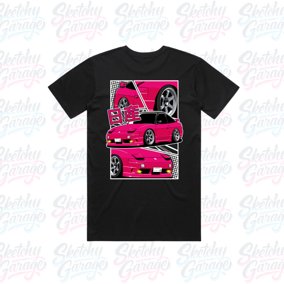 black short sleeve shirt with manga style Nissan 180 design in pink 