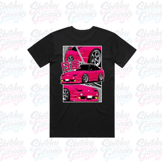 black short sleeve shirt with manga style Nissan 180 design in pink 