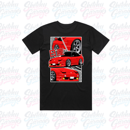 black short sleeve shirt with manga style Nissan 180 design in red