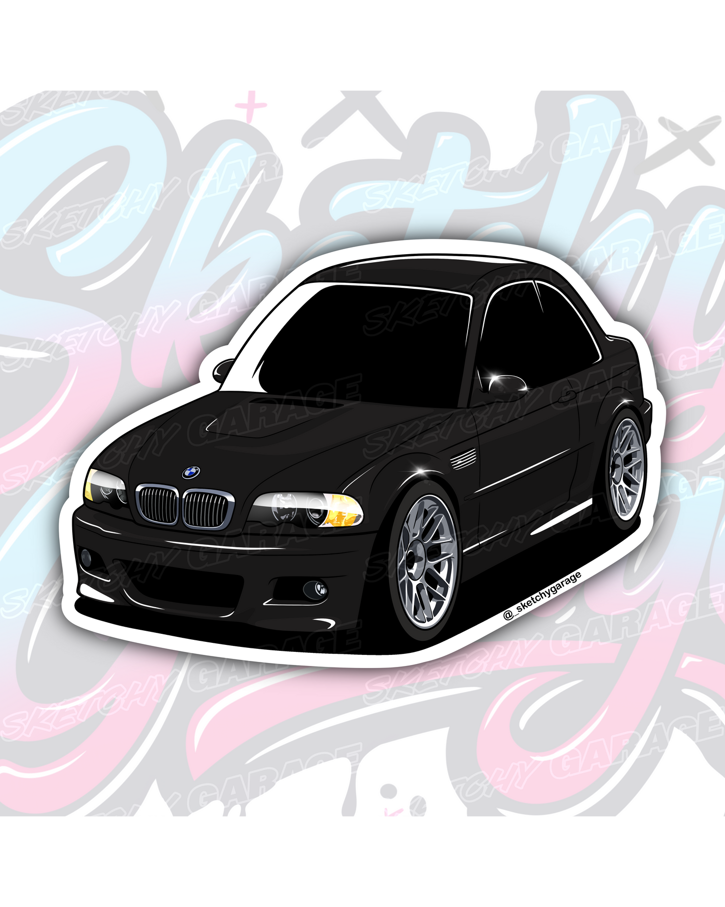 Hand-drawn BMW E46 M3 vinyl sticker by Sketchy Garage
