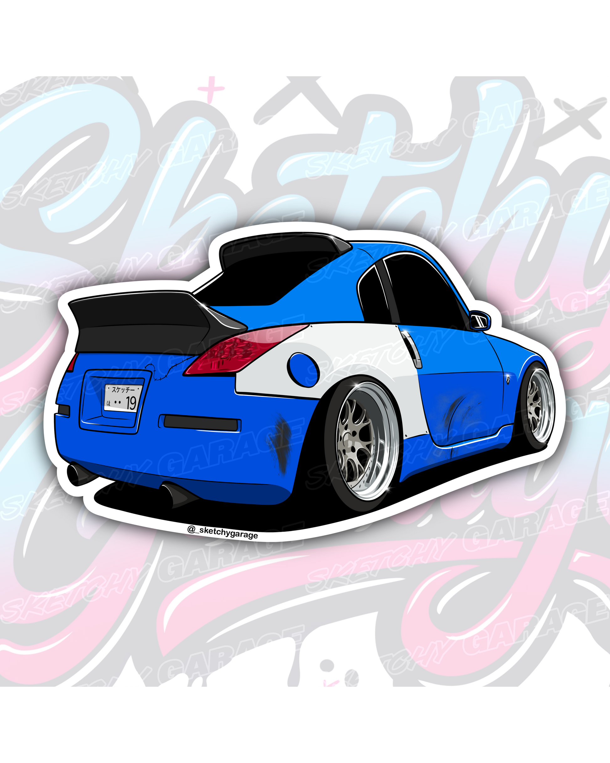 Hand-drawn Nissan 350Z drift car vinyl sticker by Sketchy Garage