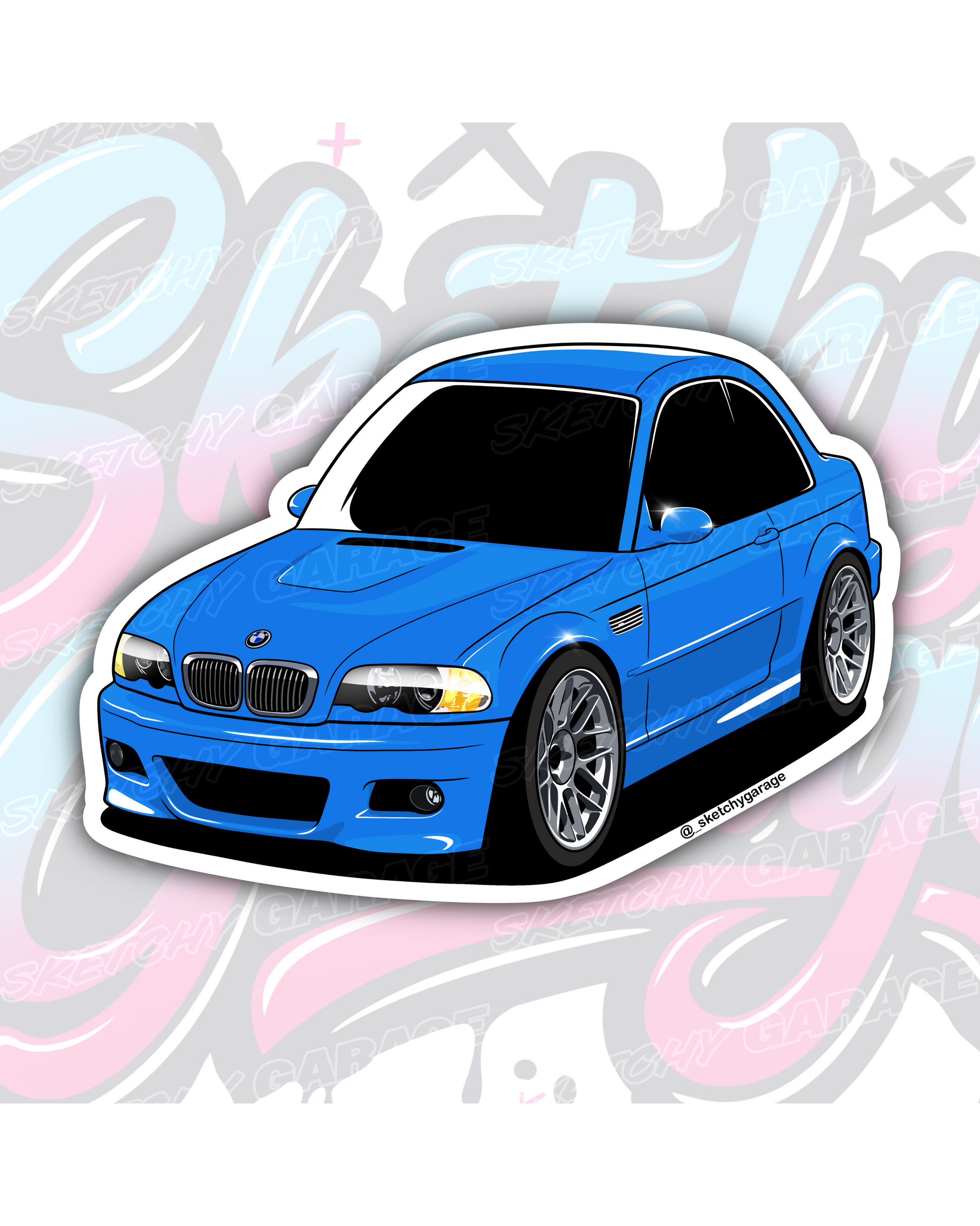 Hand-drawn BMW E46 M3 vinyl sticker by Sketchy Garage