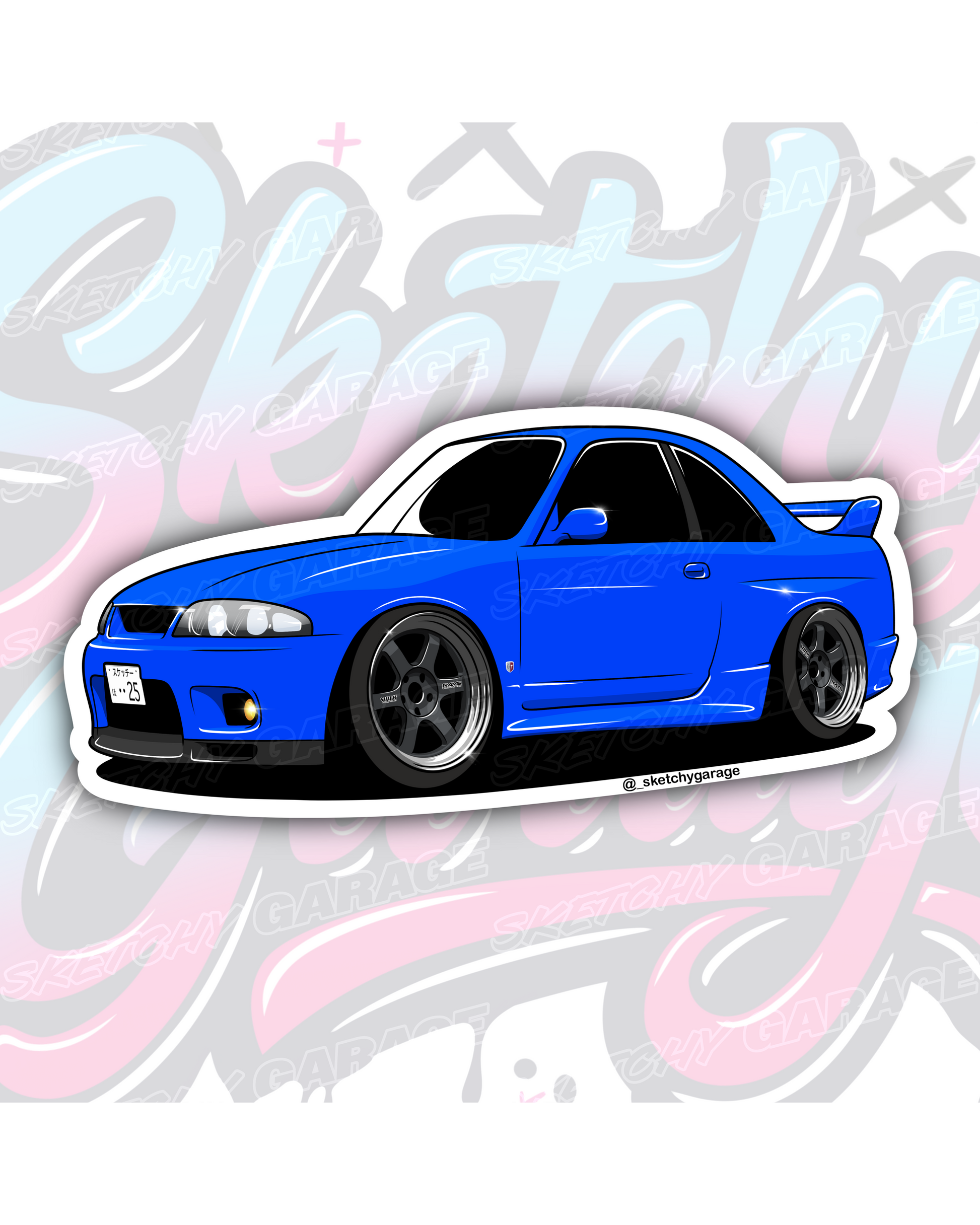 Hand-drawn Nissan R33 GTR Skyline vinyl sticker by Sketchy Garage