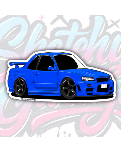 Hand-drawn Nissan R34 GTR Skyline vinyl sticker by Sketchy Garage