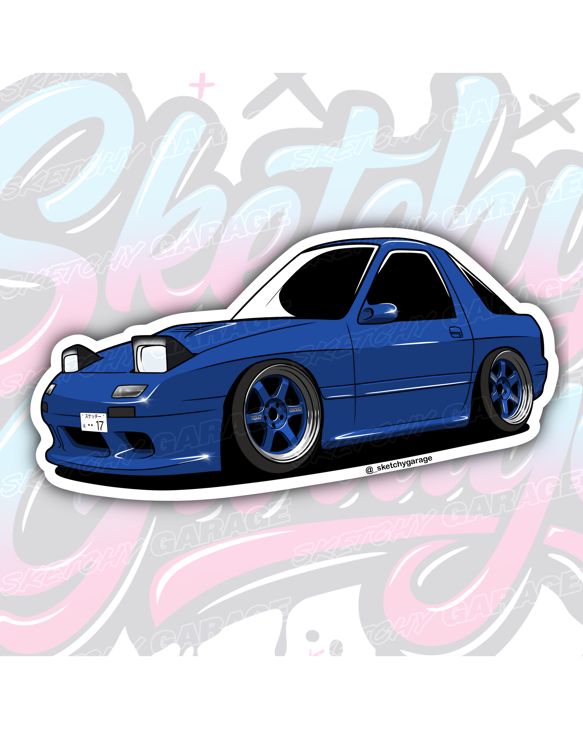 Hand-drawn Mazda FC RX7 rotary vinyl sticker by Sketchy Garage