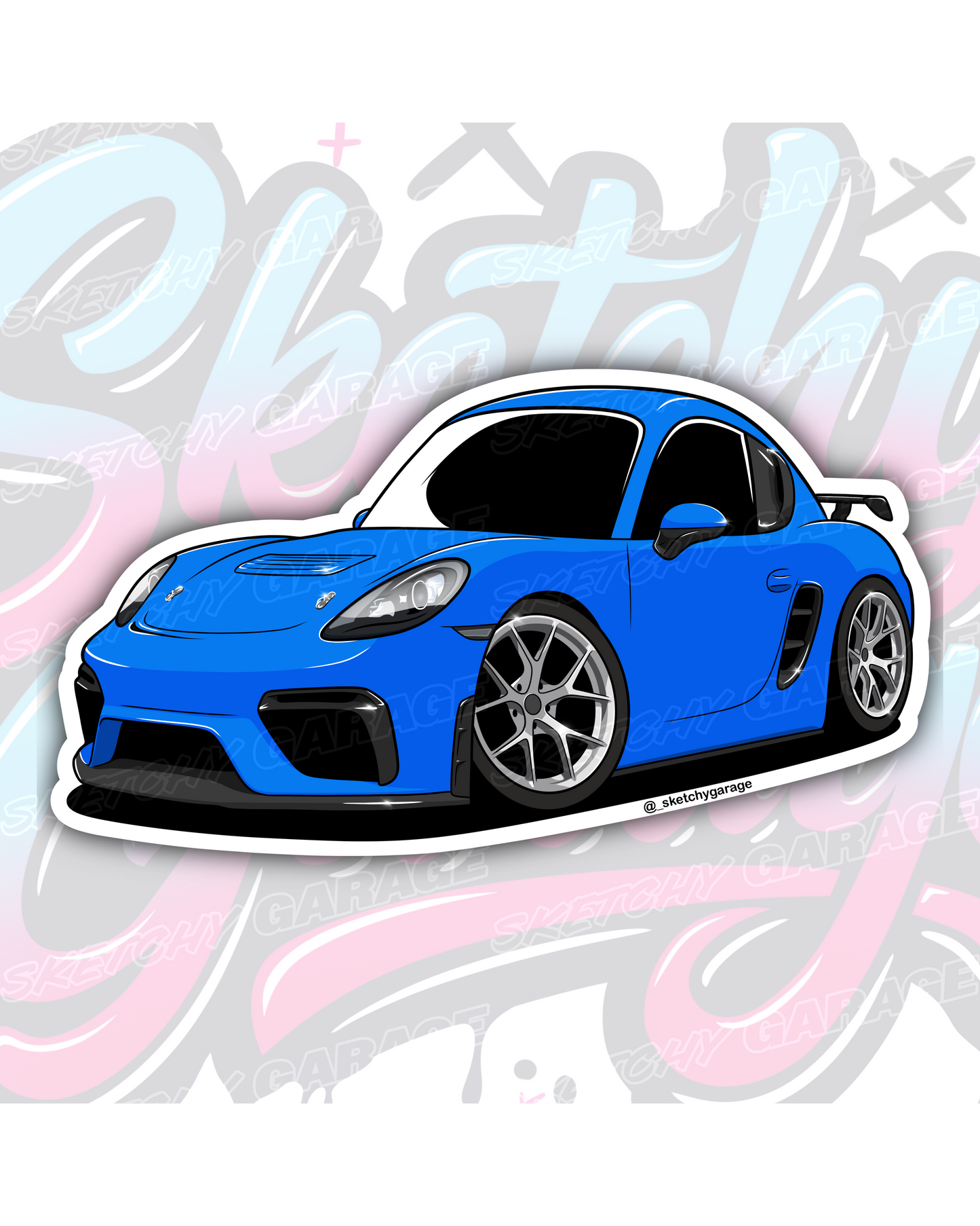 Hand-drawn Porsche Cayman GT4 vinyl sticker by Sketchy Garage
