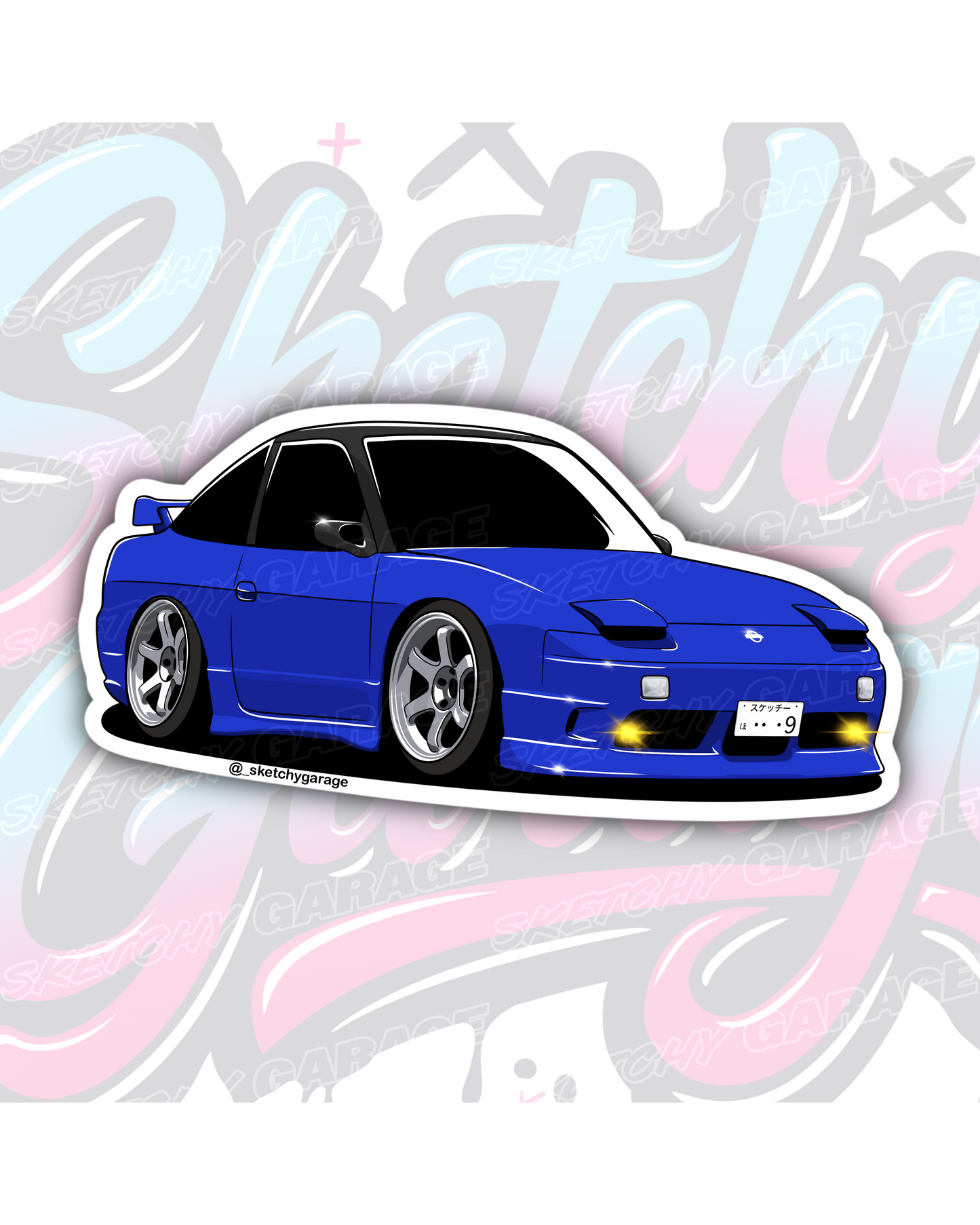 Hand-drawn Nissan 180SX drift car vinyl sticker by Sketchy Garage