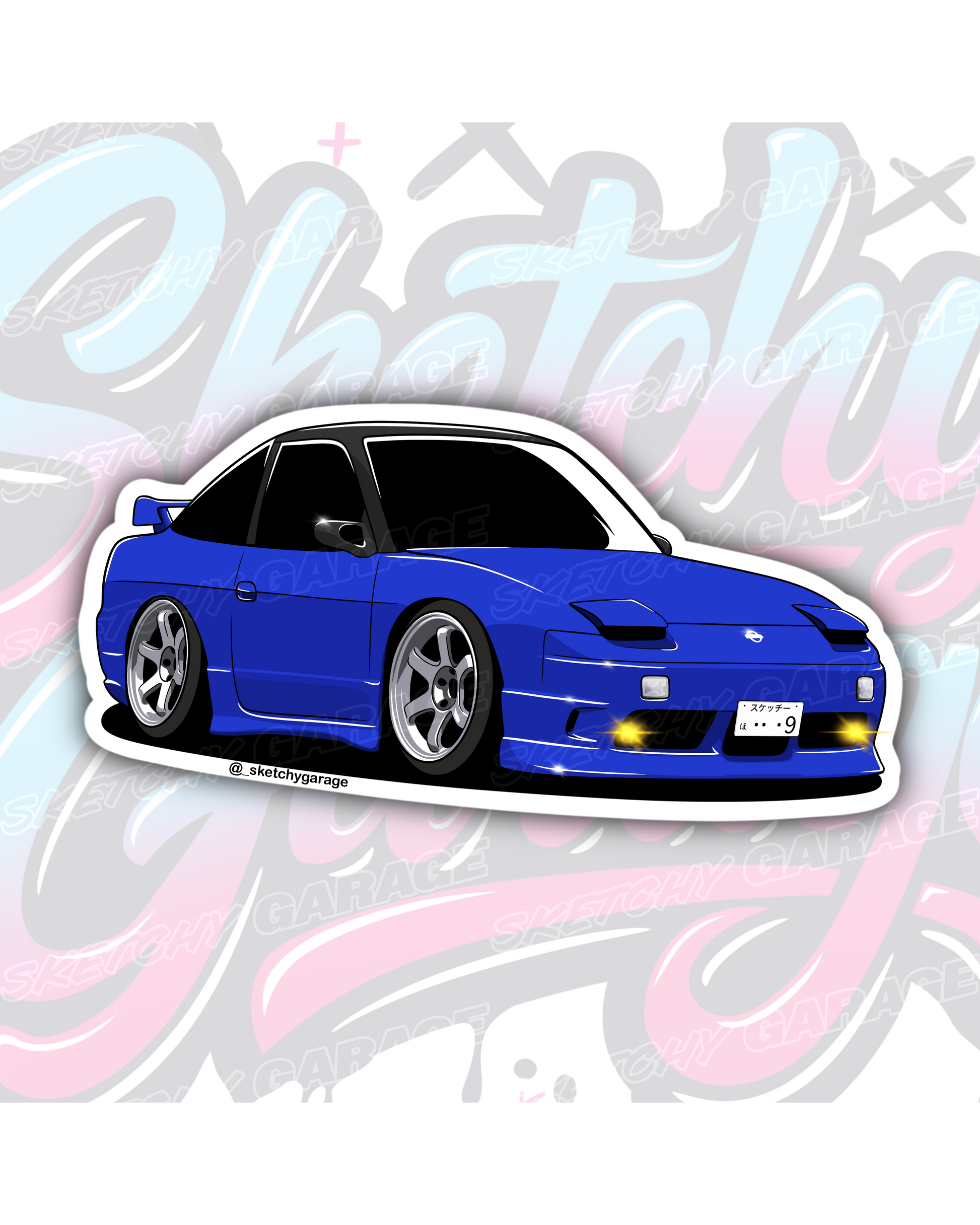 Hand-drawn Nissan 180SX drift car vinyl sticker by Sketchy Garage