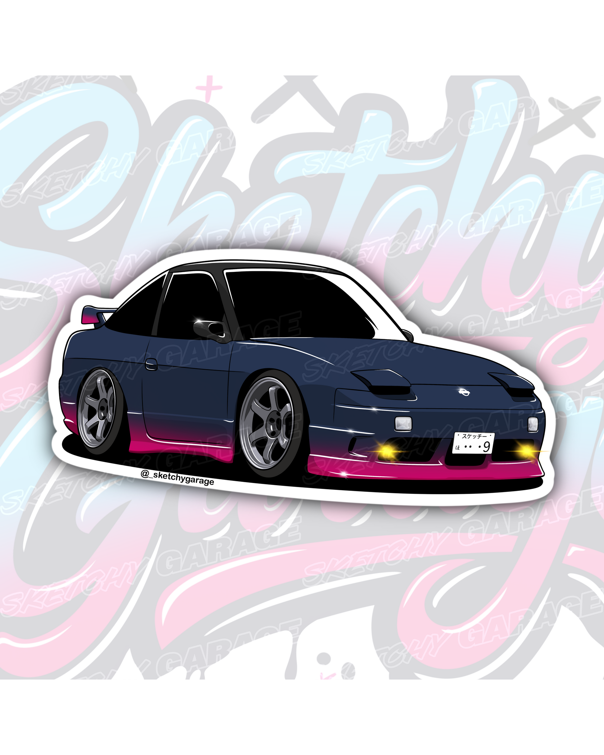 Hand-drawn Nissan 180SX drift car vinyl sticker by Sketchy Garage