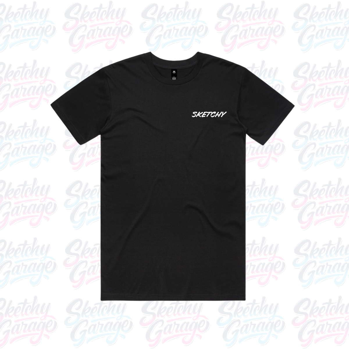 black short sleeve AS Colour shirt with the brand name Sketchy on the front