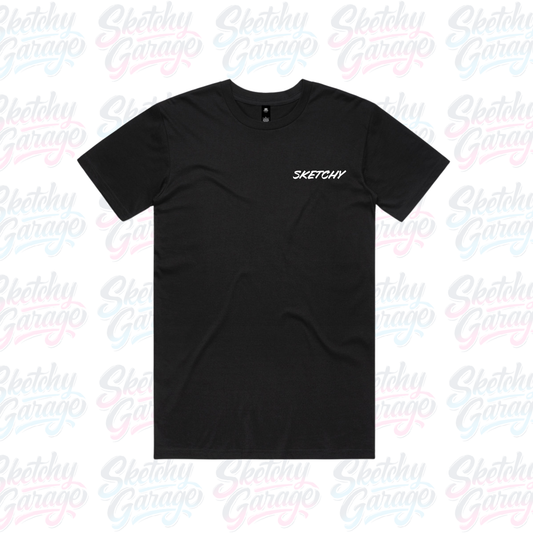 black short sleeve AS Colour shirt with the brand name Sketchy on the front