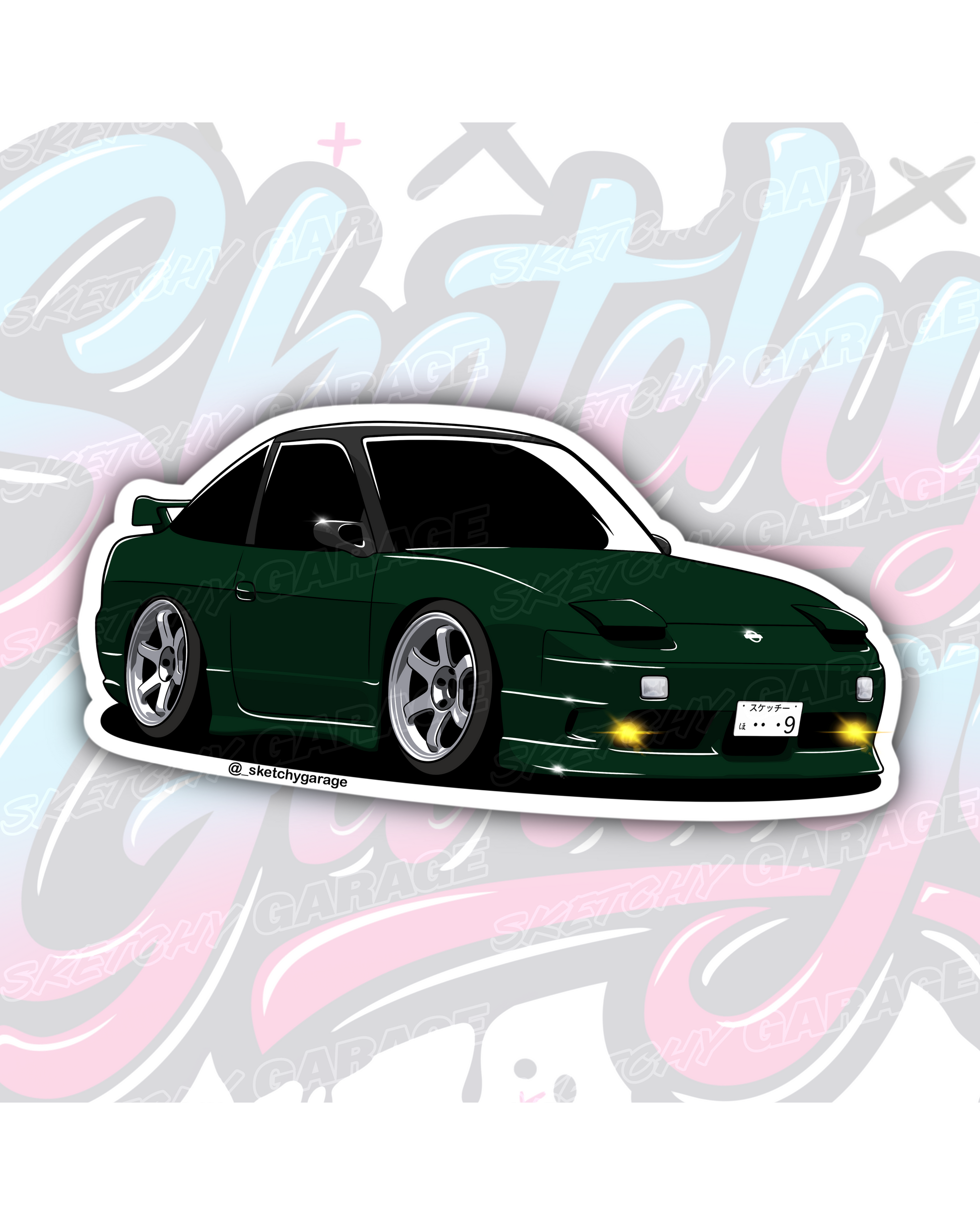 Hand-drawn Nissan 180SX drift car vinyl sticker by Sketchy Garage