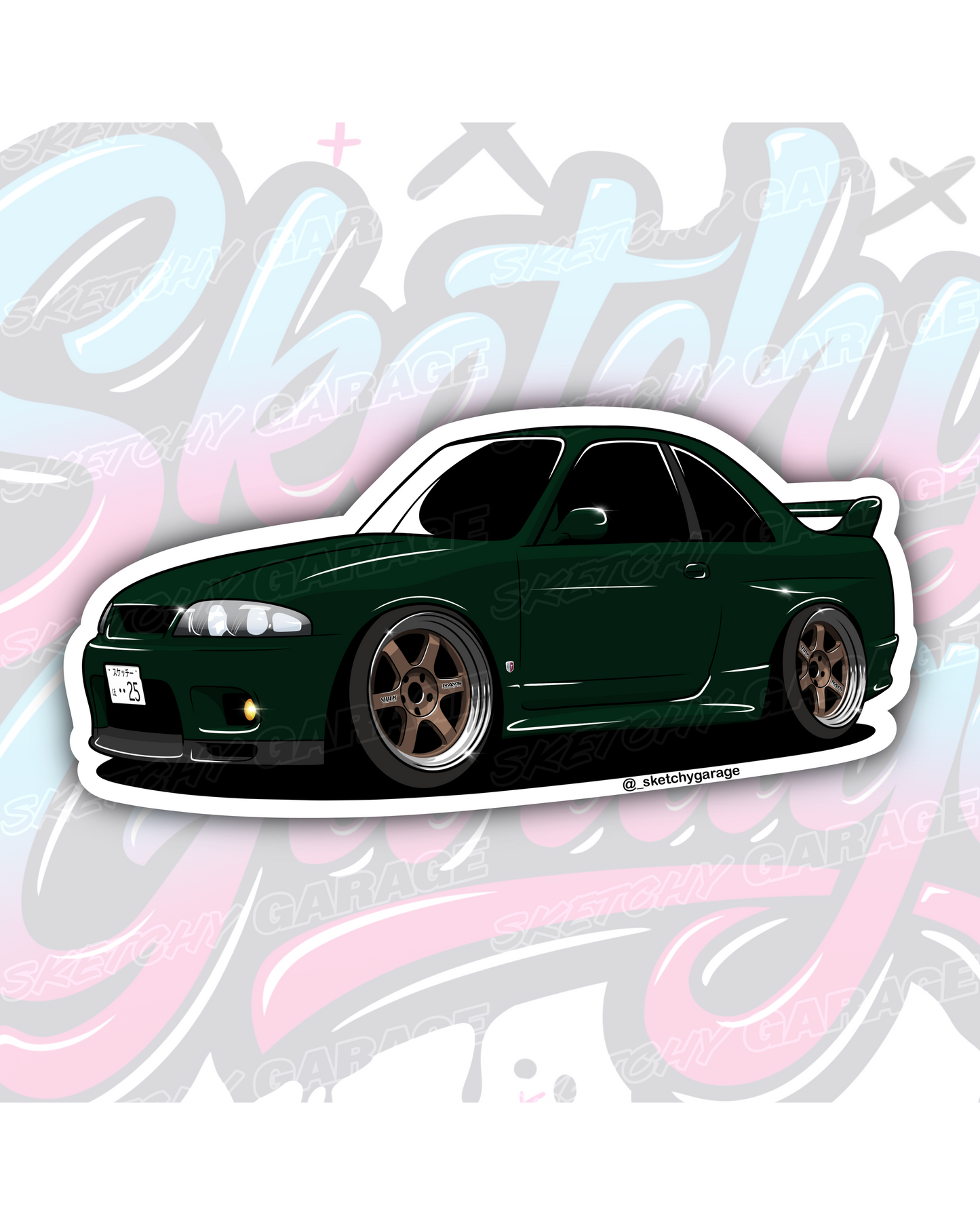 Hand-drawn Nissan R33 GTR Skyline vinyl sticker by Sketchy Garage