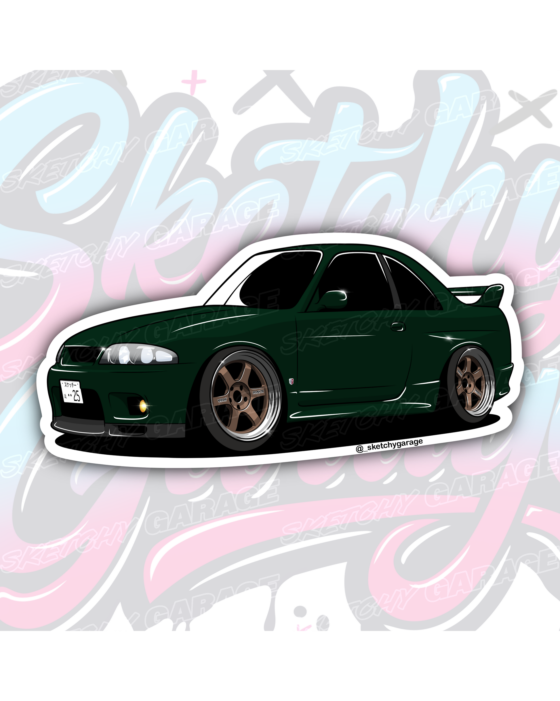 Hand-drawn Nissan R33 GTR Skyline vinyl sticker by Sketchy Garage
