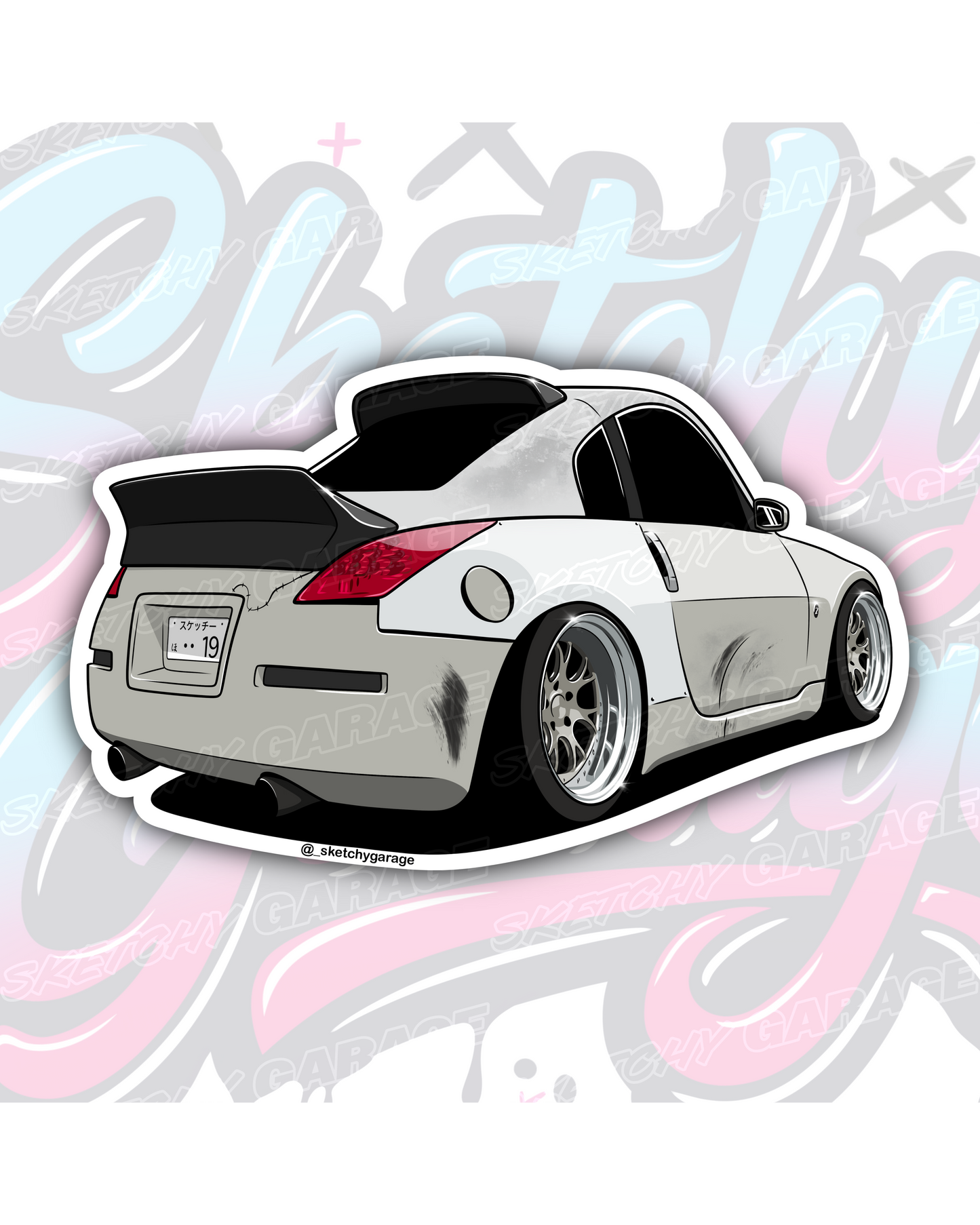 Hand-drawn Nissan 350Z drift car vinyl sticker by Sketchy Garage