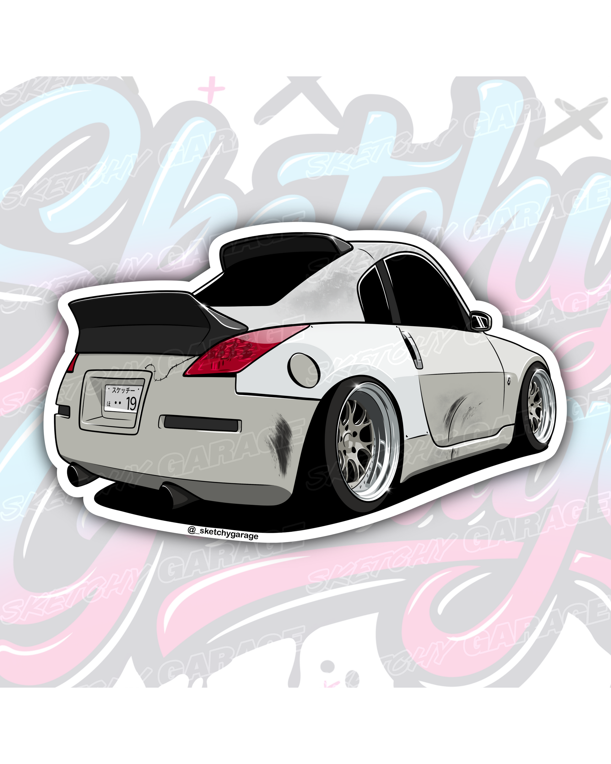 Hand-drawn Nissan 350Z drift car vinyl sticker by Sketchy Garage