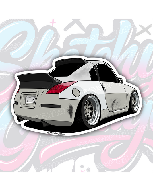 Hand-drawn Nissan 350Z drift car vinyl sticker by Sketchy Garage