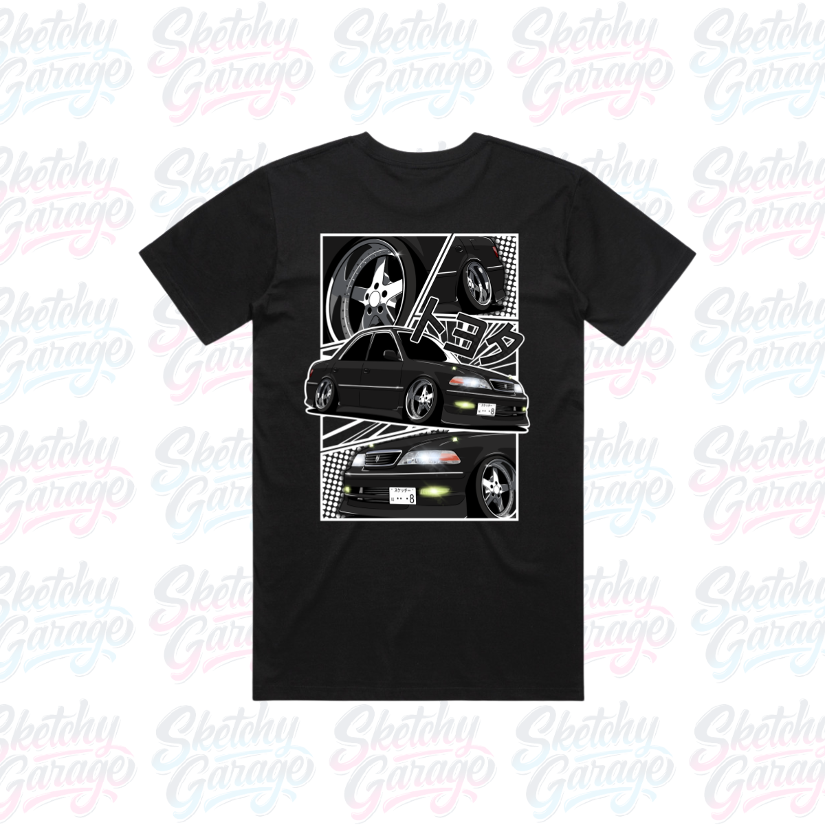 black short sleeve shirt with manga style JZX mk ii design on the back