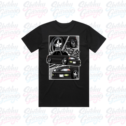 black short sleeve shirt with manga style JZX mk ii design on the back