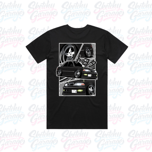 black short sleeve shirt with manga style JZX mk ii design on the back