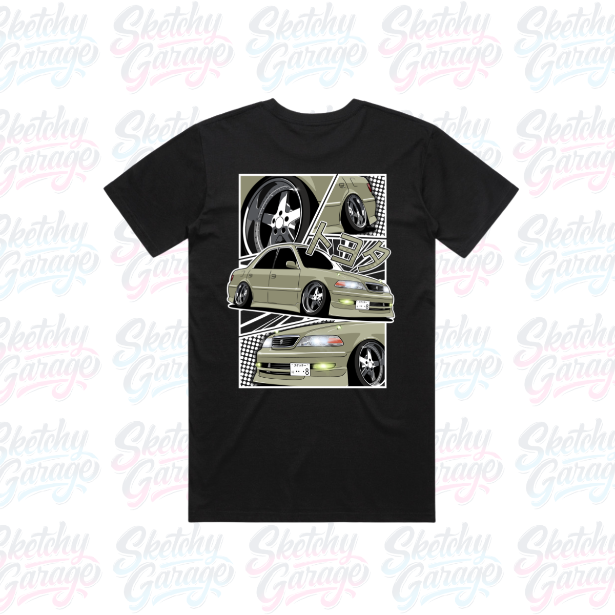 black short sleeve shirt with manga style JZX mk ii design on the back