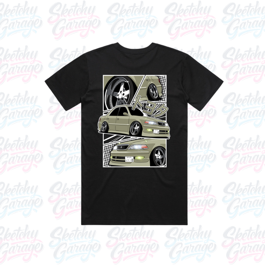 black short sleeve shirt with manga style JZX mk ii design on the back
