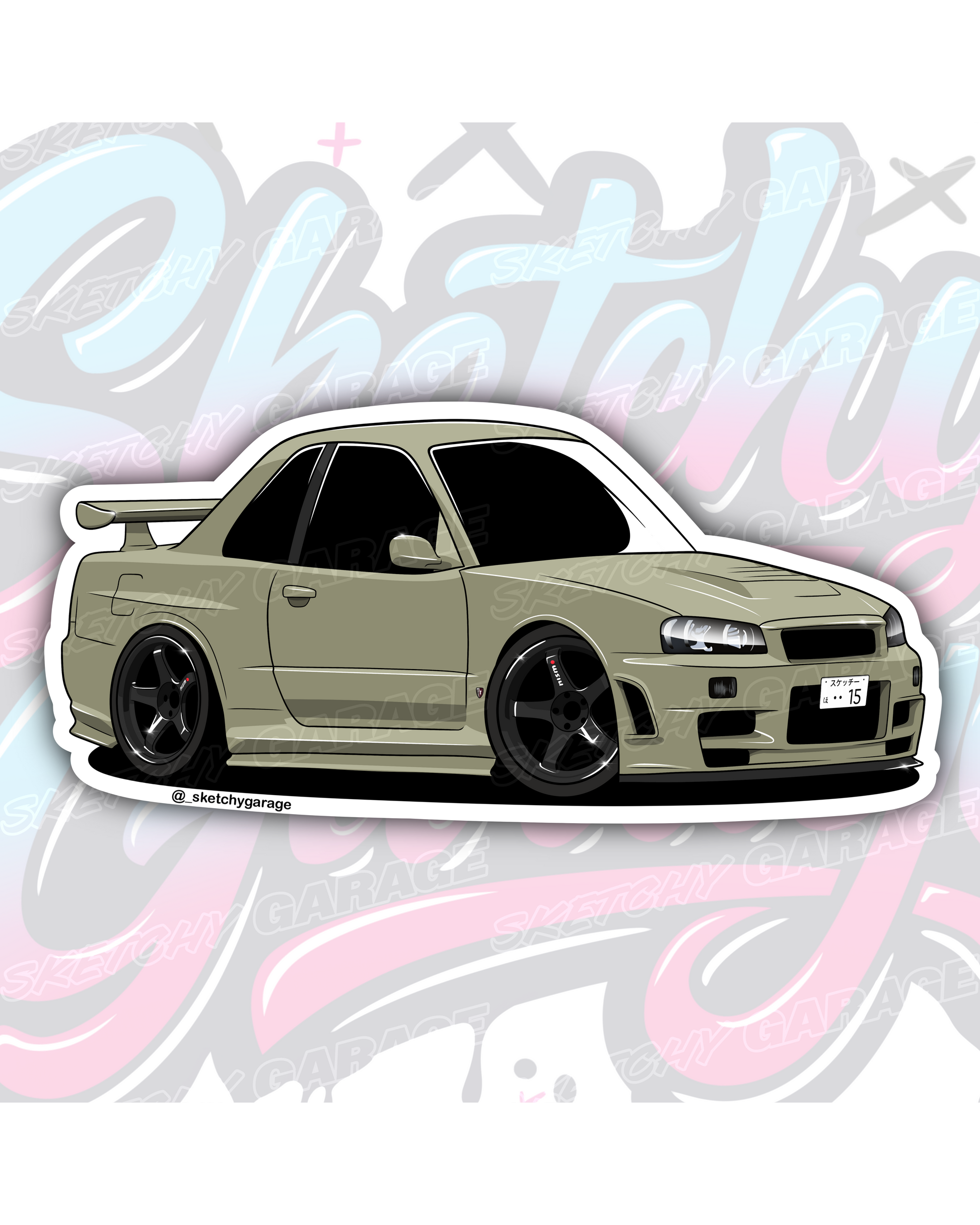 Hand-drawn Nissan R34 GTR Skyline vinyl sticker by Sketchy Garage