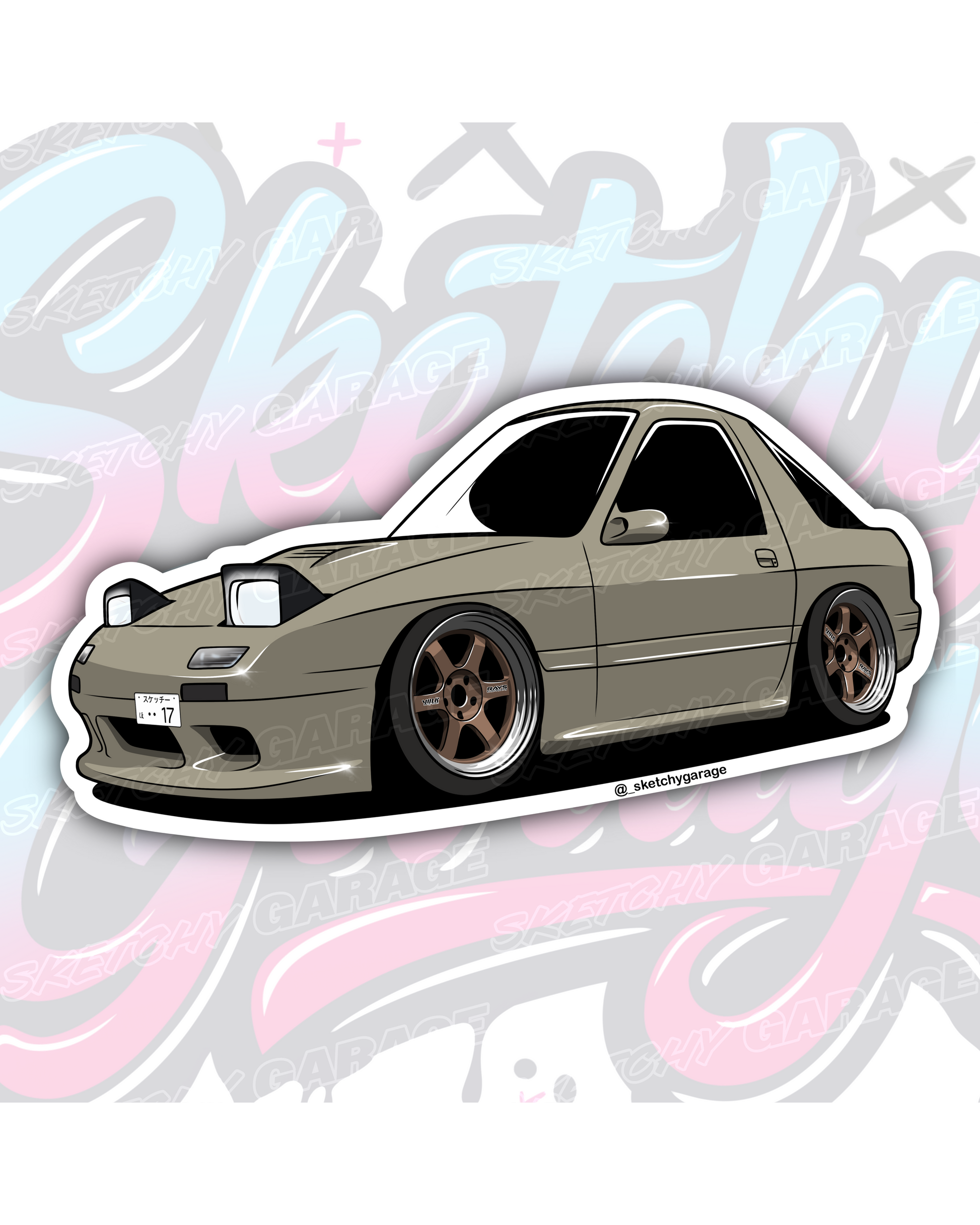 Hand-drawn Mazda FC RX7 rotary vinyl sticker by Sketchy Garage