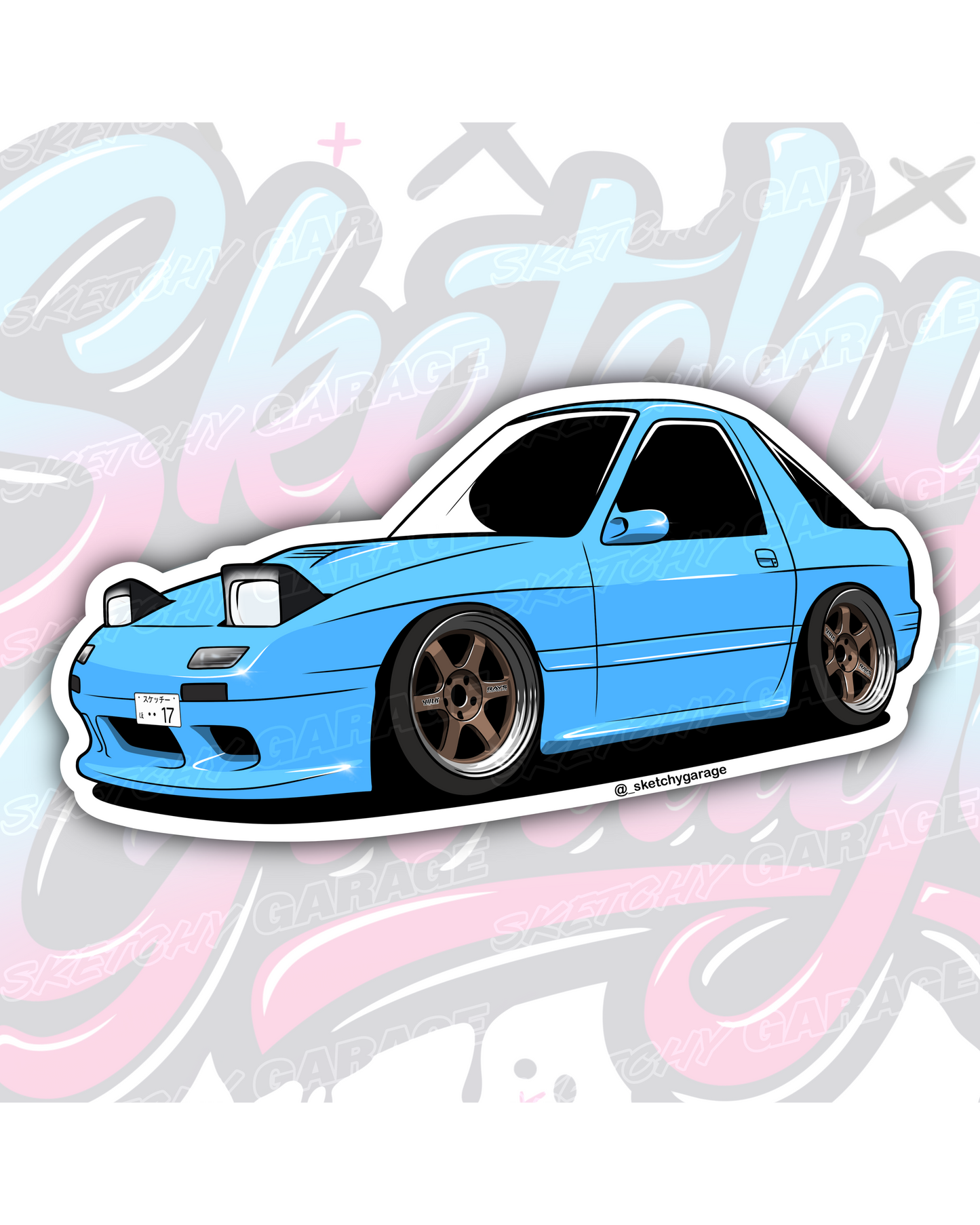 Hand-drawn Mazda FC RX7 rotary vinyl sticker by Sketchy Garage