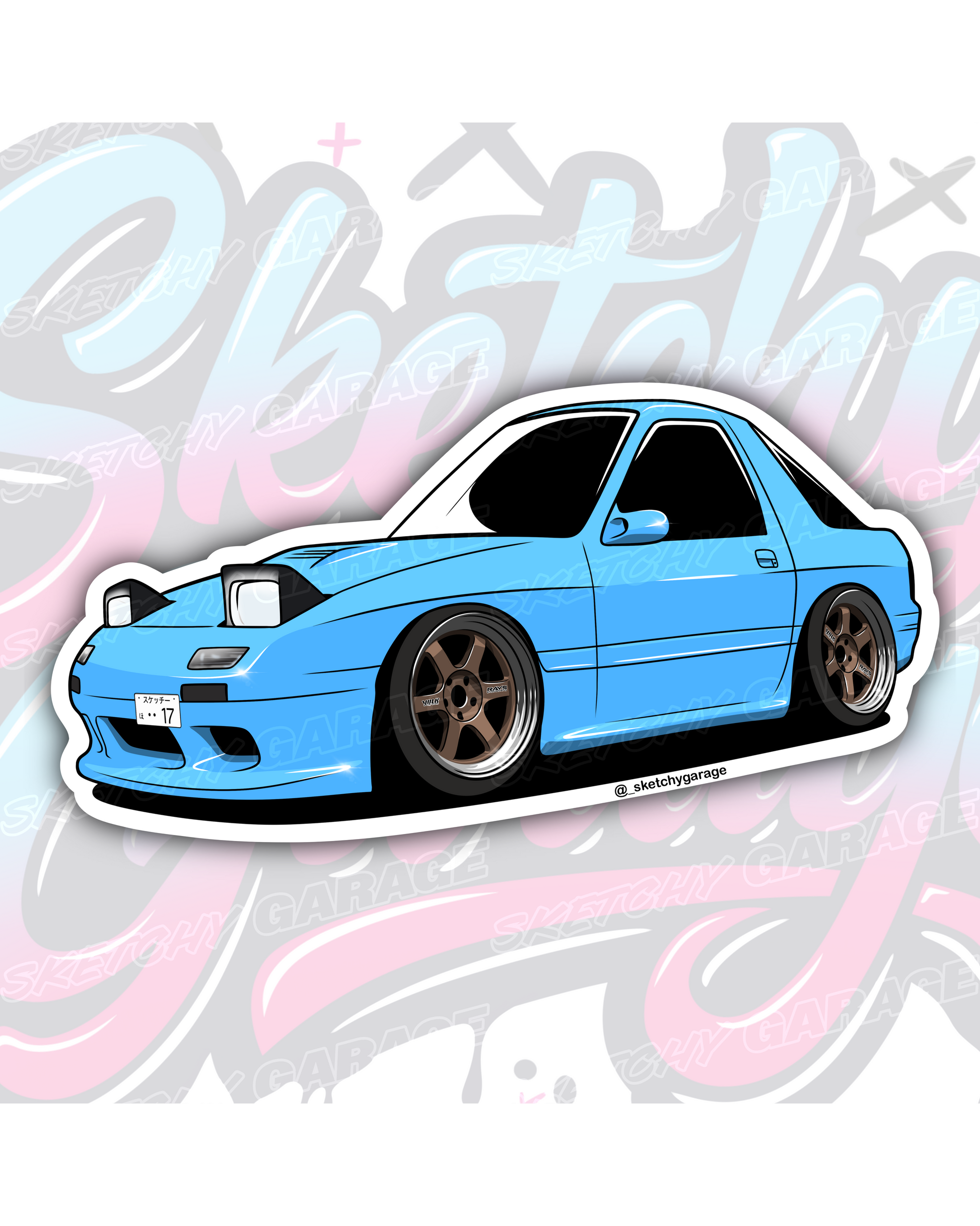 Hand-drawn Mazda FC RX7 rotary vinyl sticker by Sketchy Garage