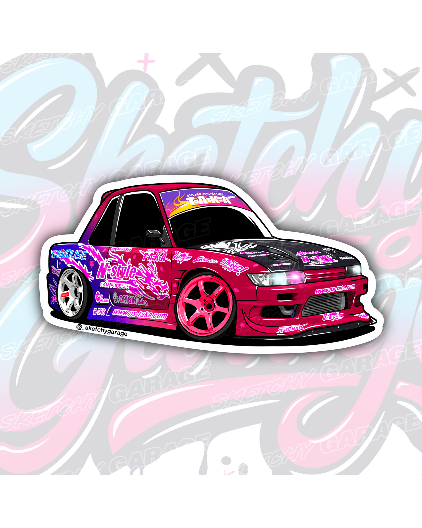Hand-drawn Nissan S13 Silvia drift car vinyl sticker by Sketchy Garage