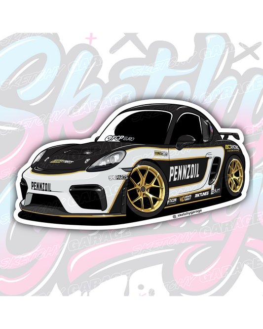 Hand-drawn Porsche Cayman GT4 vinyl sticker by Sketchy Garage
