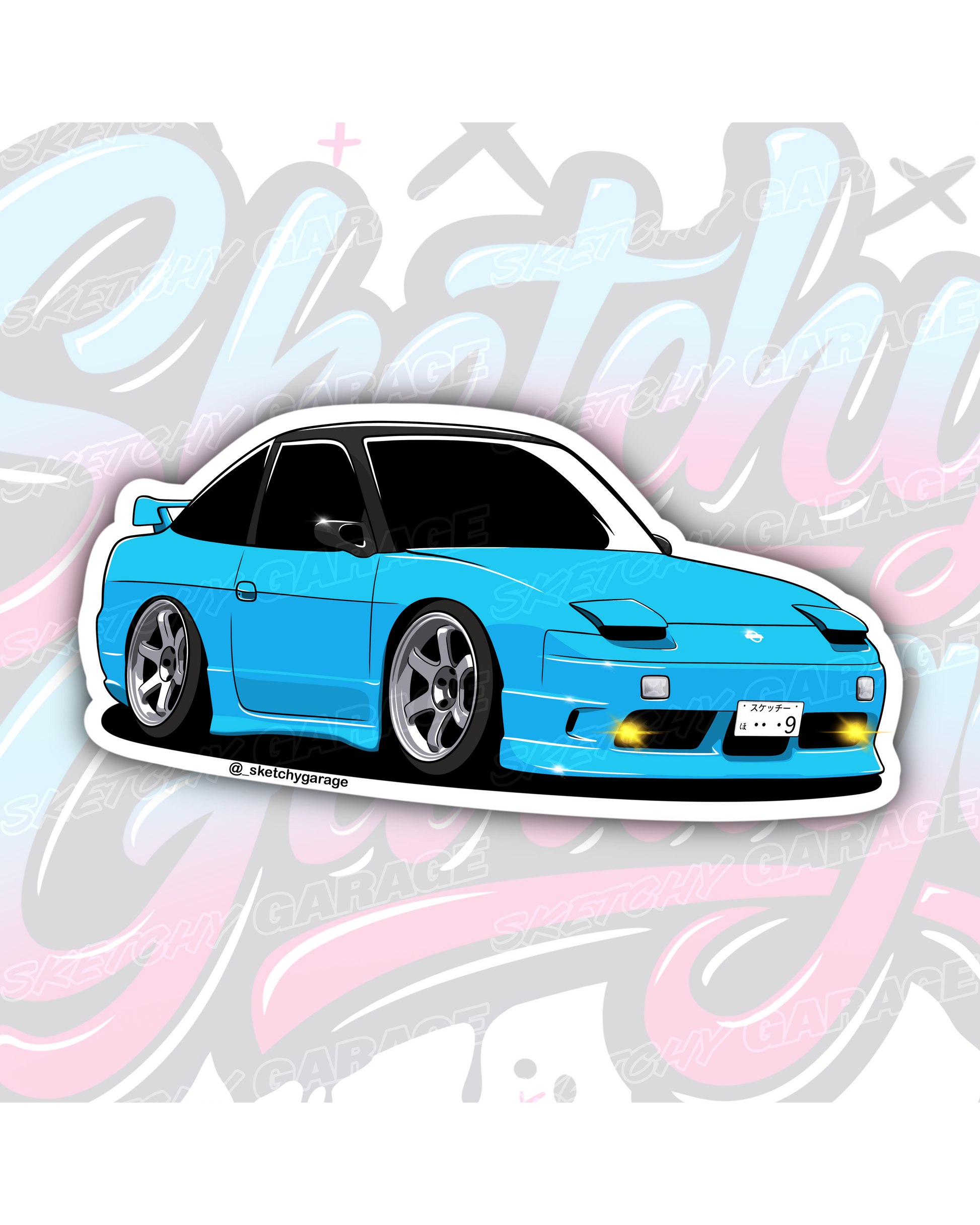 Hand-drawn Nissan 180SX drift car vinyl sticker by Sketchy Garage