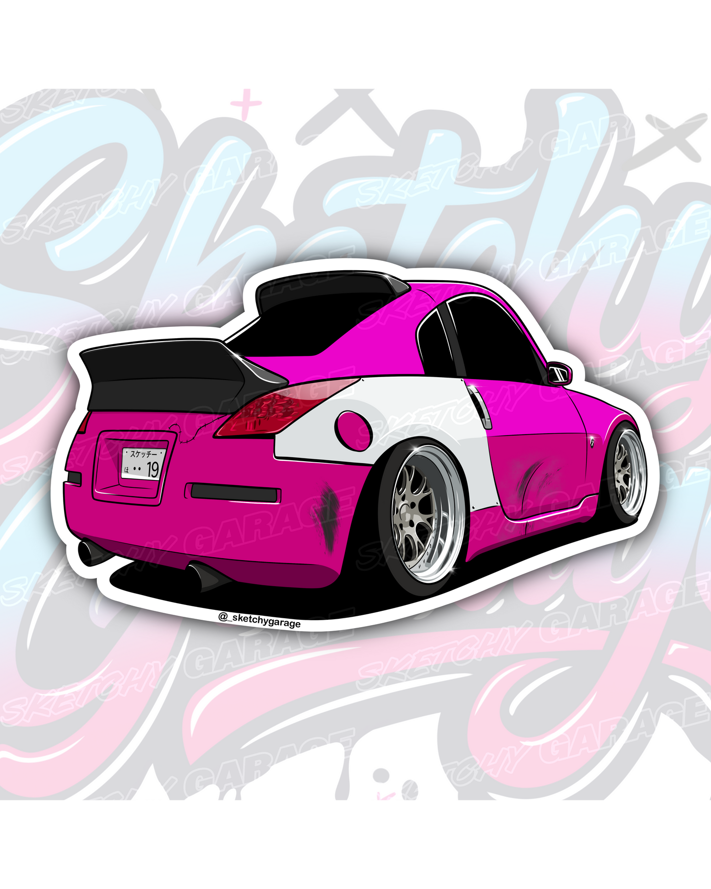 Hand-drawn Nissan 350Z drift car vinyl sticker by Sketchy Garage