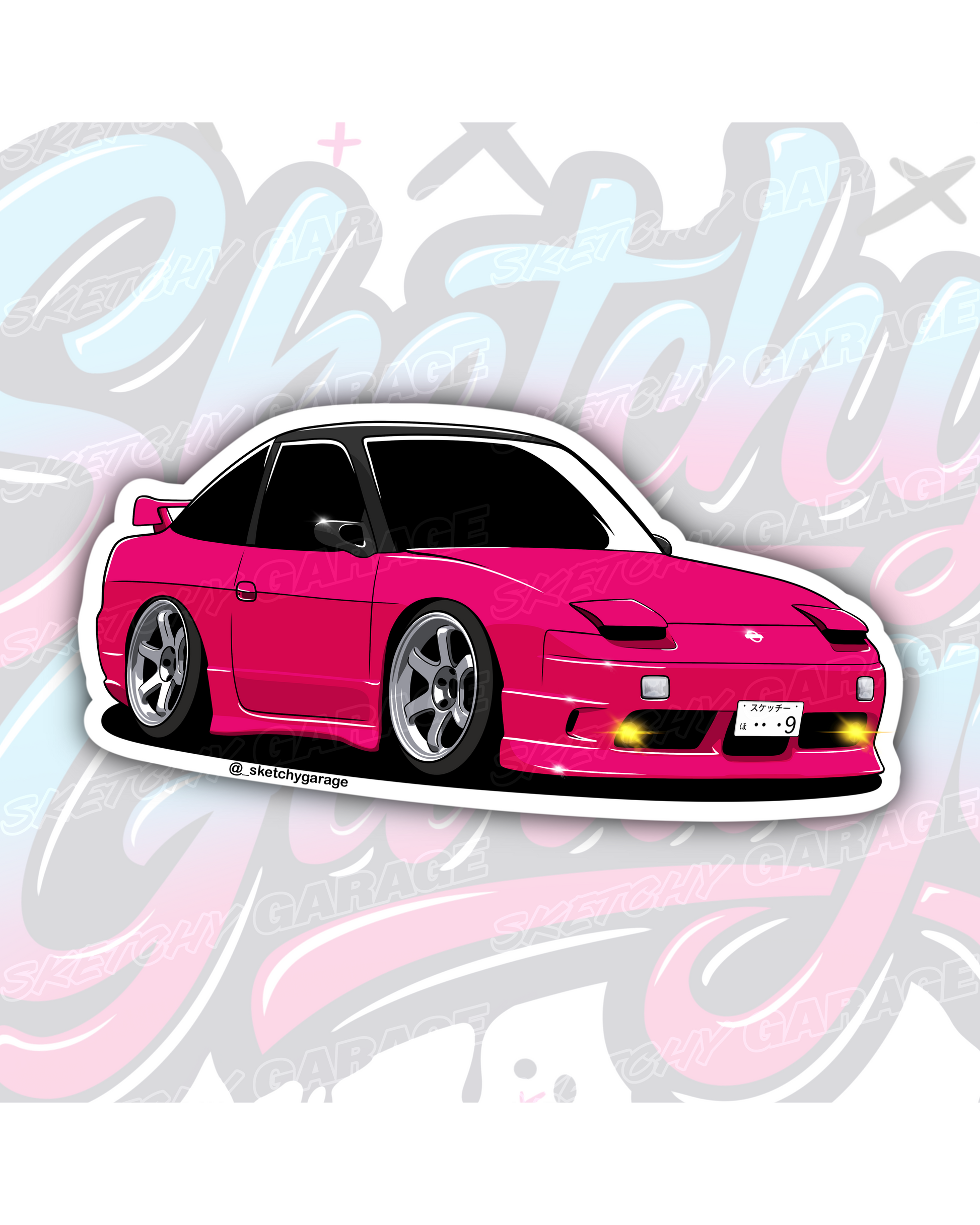 Hand-drawn Nissan 180SX drift car vinyl sticker by Sketchy Garage
