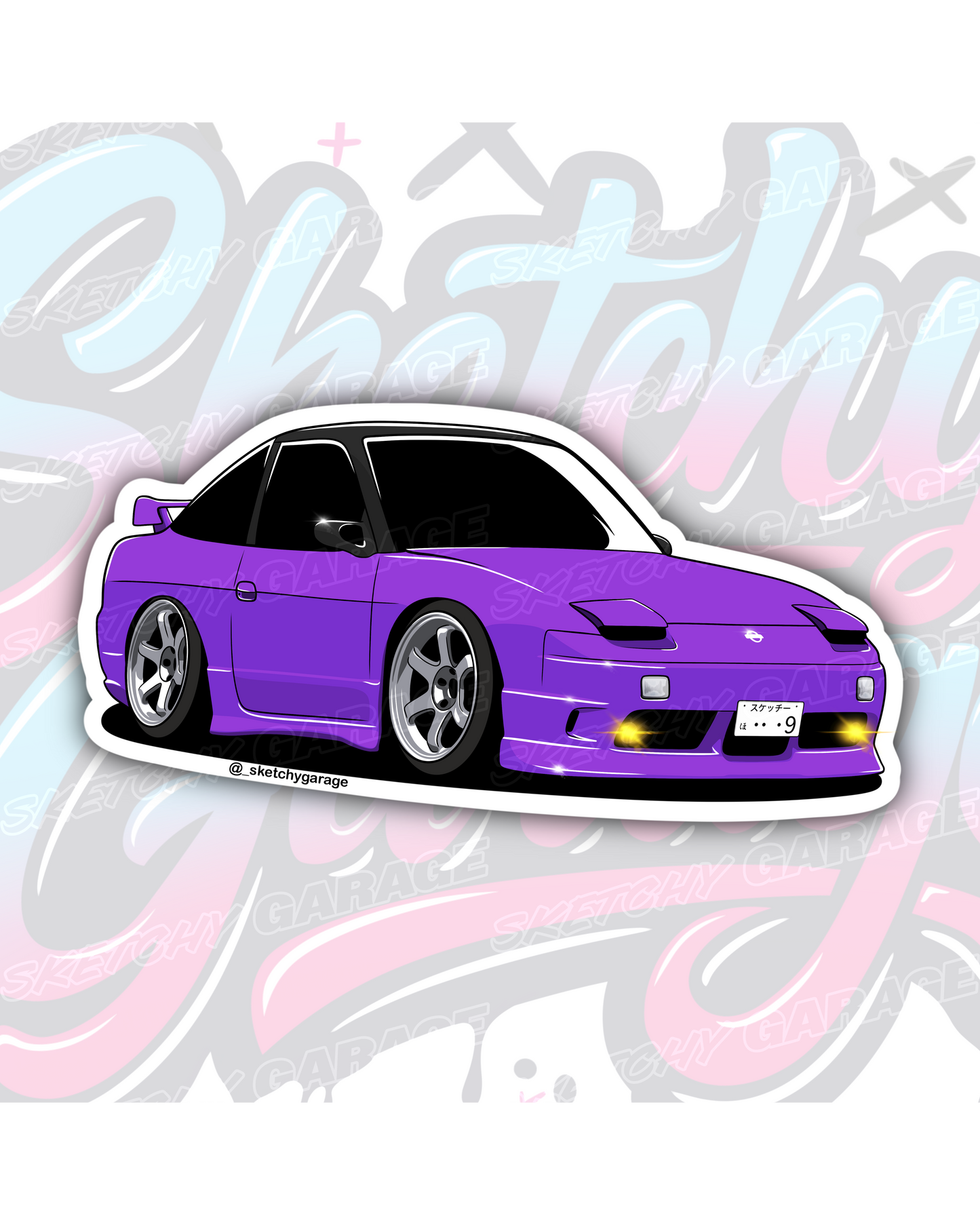 Hand-drawn Nissan 180SX drift car vinyl sticker by Sketchy Garage