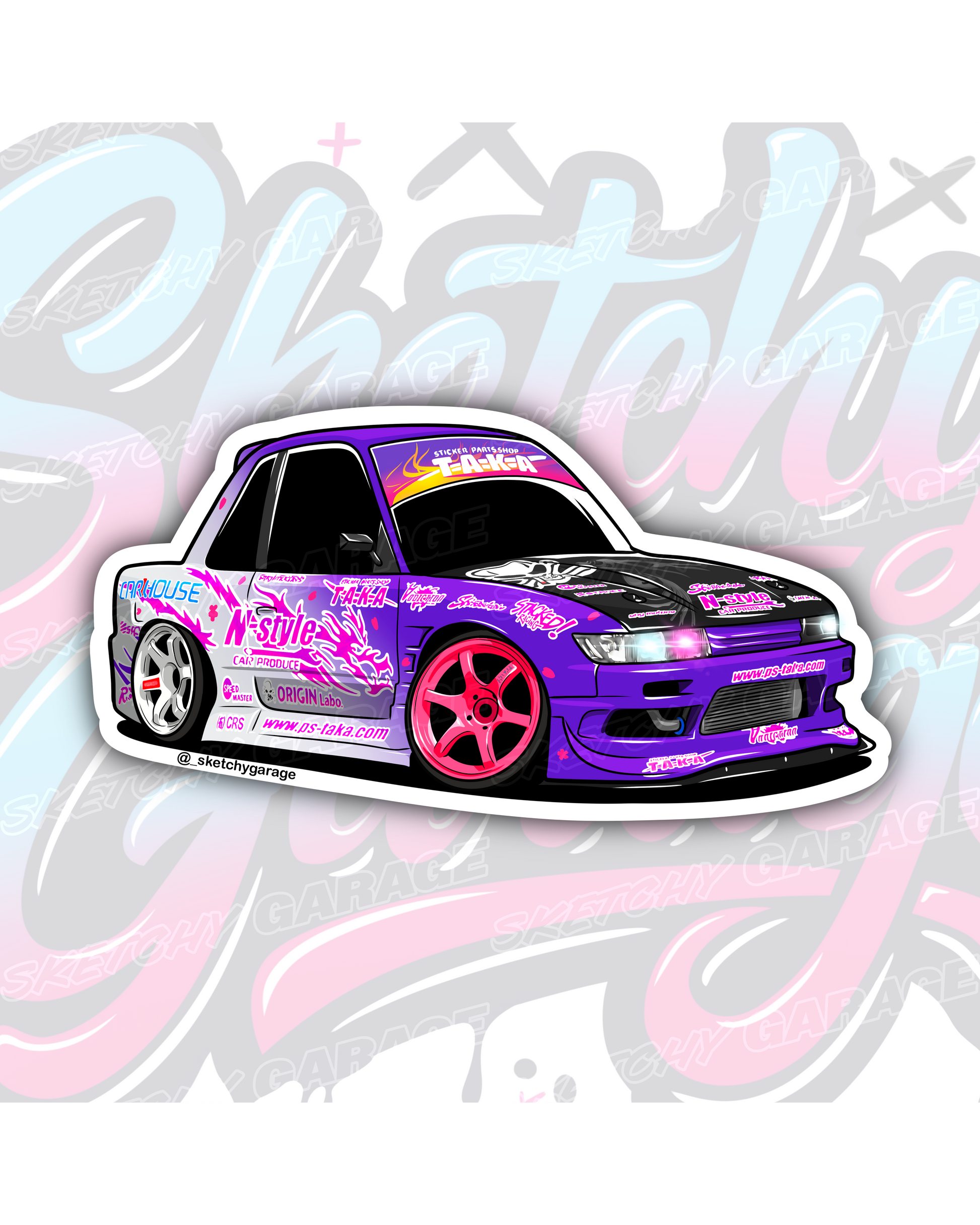 Hand-drawn Nissan S13 Silvia drift car vinyl sticker by Sketchy Garage