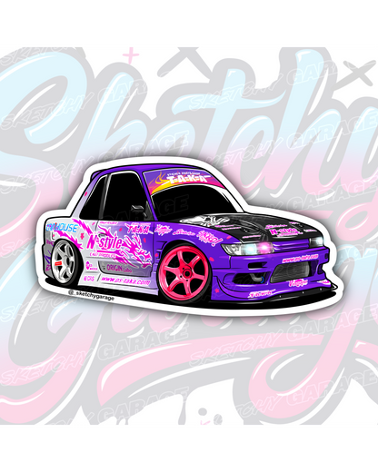 Hand-drawn Nissan S13 Silvia drift car vinyl sticker by Sketchy Garage