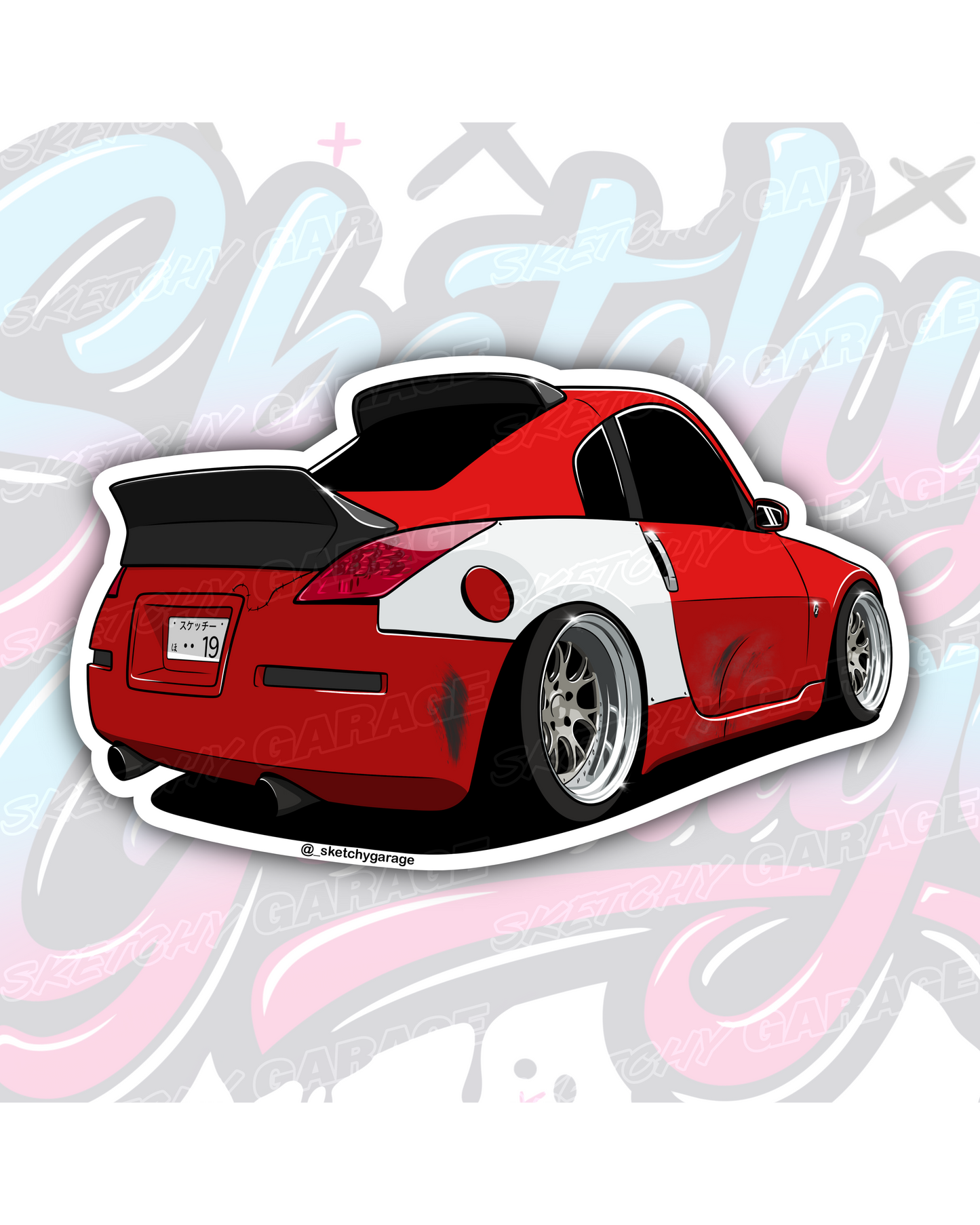 Hand-drawn Nissan 350Z drift car vinyl sticker by Sketchy Garage