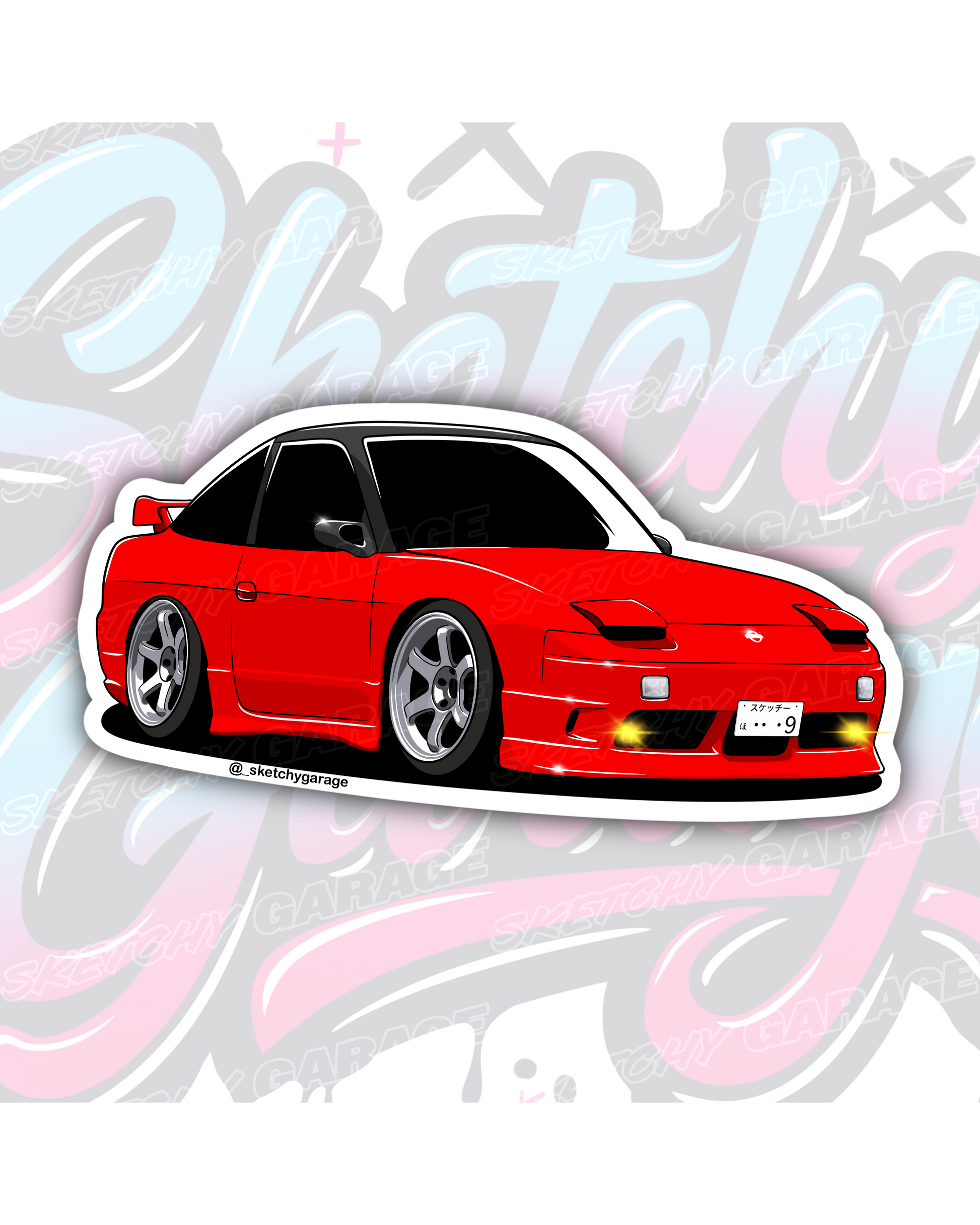Hand-drawn Nissan 180SX drift car vinyl sticker by Sketchy Garage