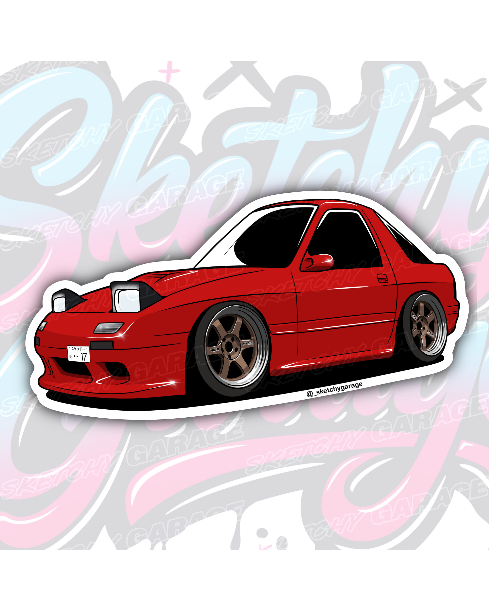 Hand-drawn Mazda FC RX7 rotary vinyl sticker by Sketchy Garage