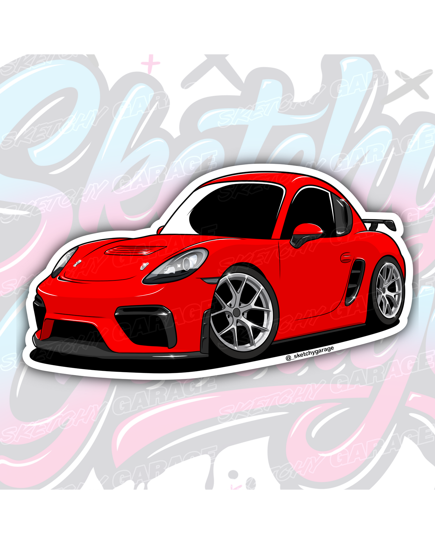 Hand-drawn Porsche Cayman GT4 vinyl sticker by Sketchy Garage