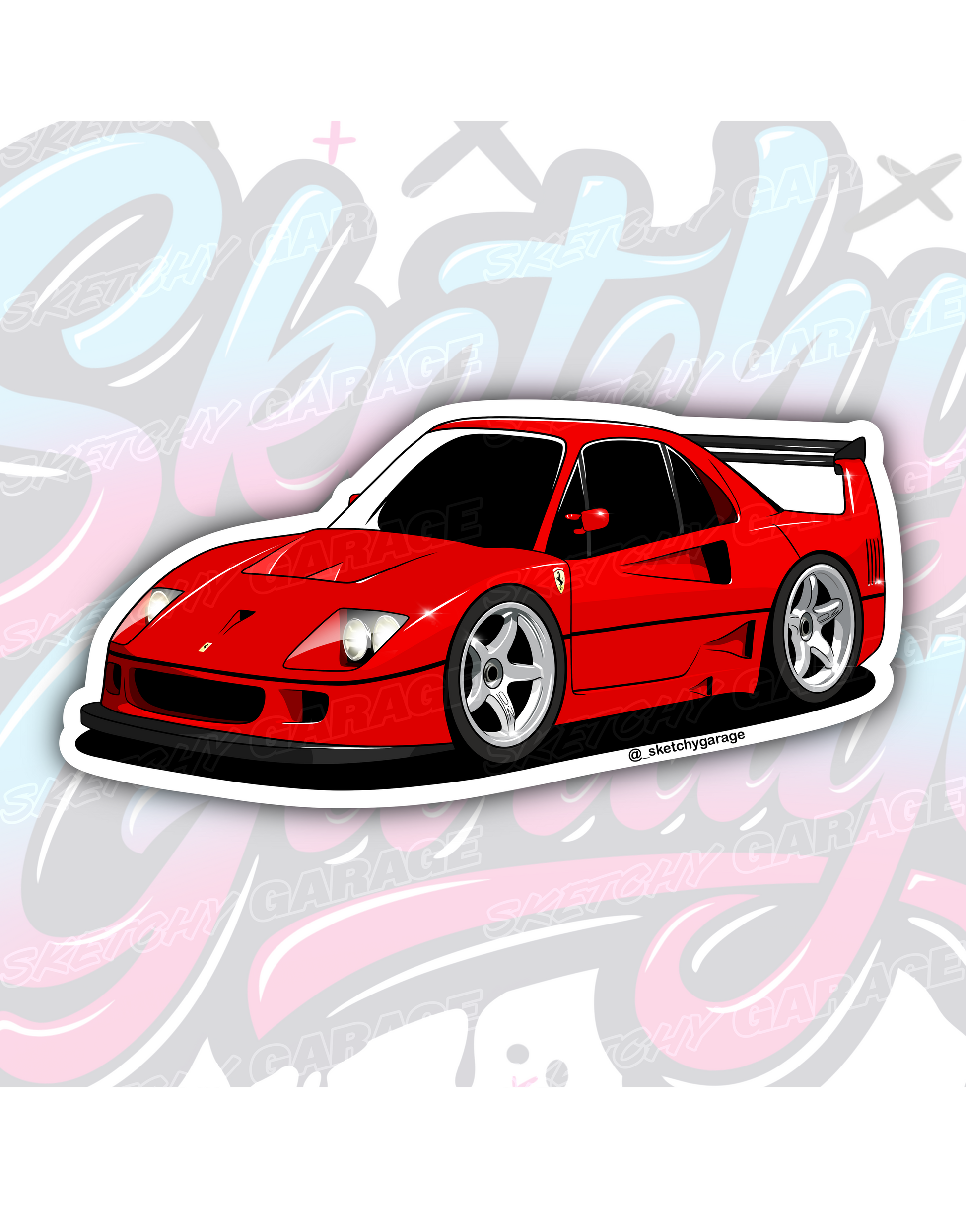 Hand-drawn Ferrari F40 vinyl sticker by Sketchy Garage