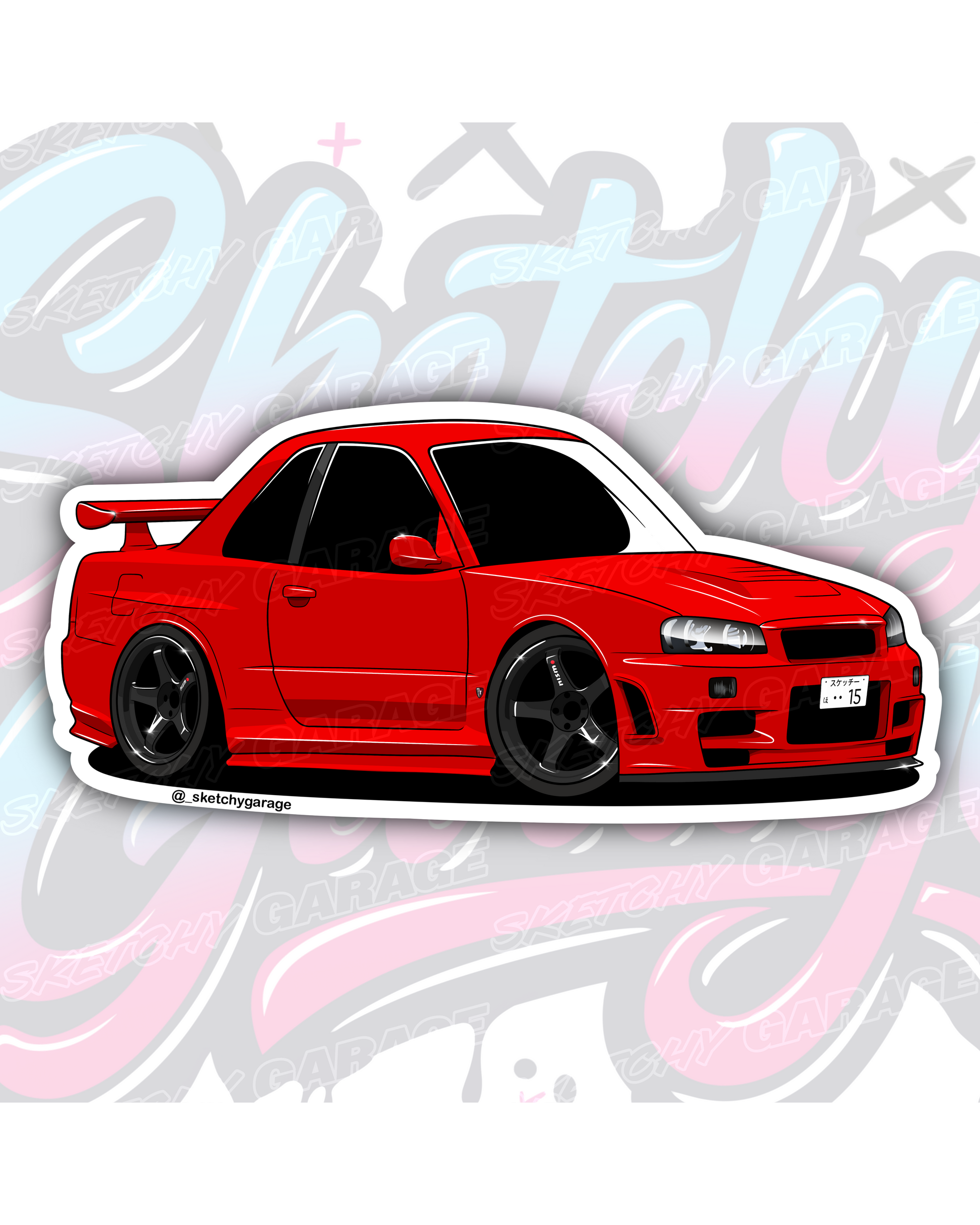 Hand-drawn Nissan R34 GTR Skyline vinyl sticker by Sketchy Garage