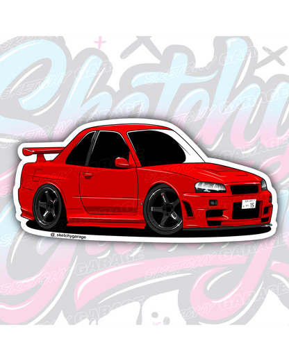Hand-drawn Nissan R34 GTR Skyline vinyl sticker by Sketchy Garage