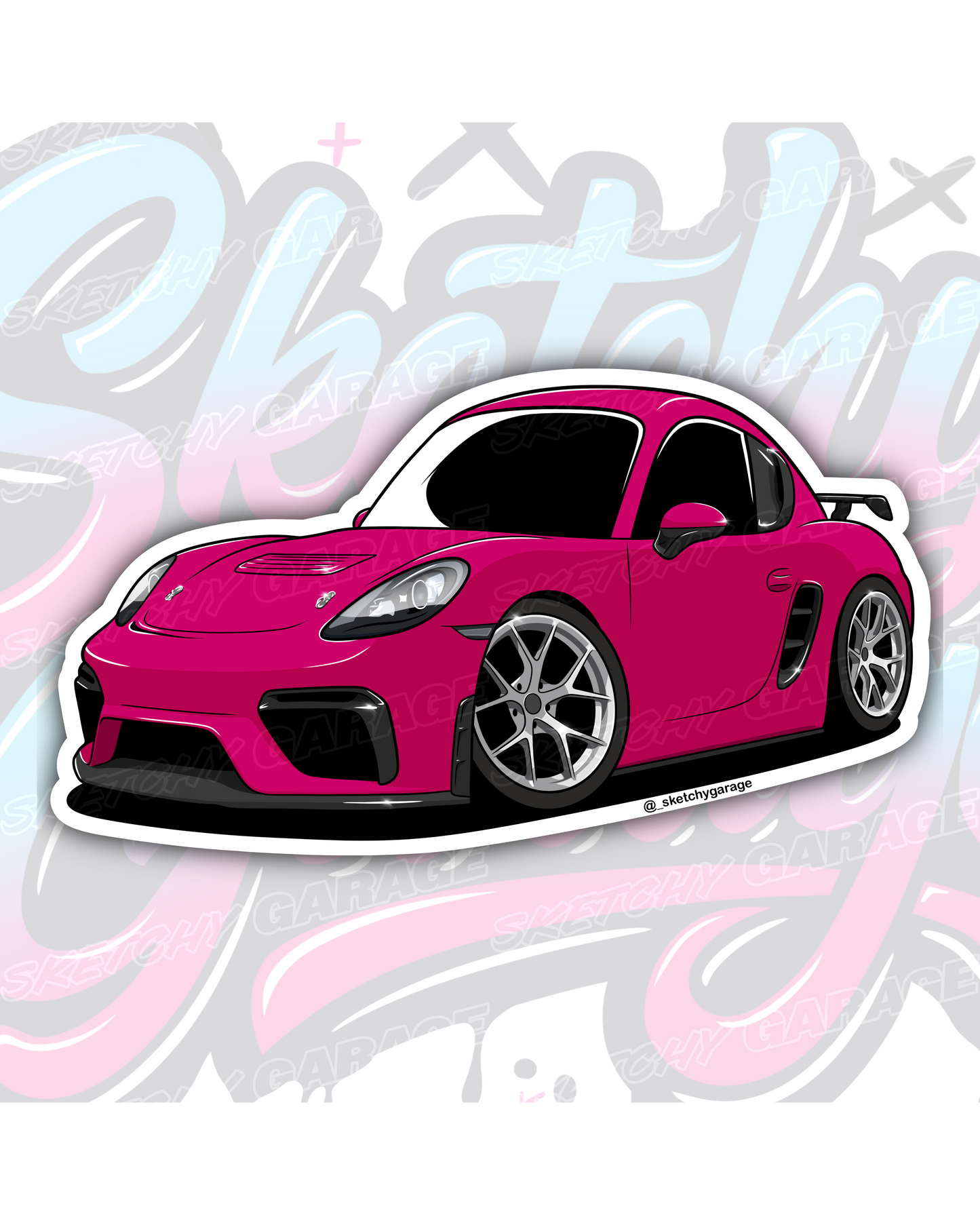 Hand-drawn Porsche Cayman GT4 vinyl sticker by Sketchy Garage