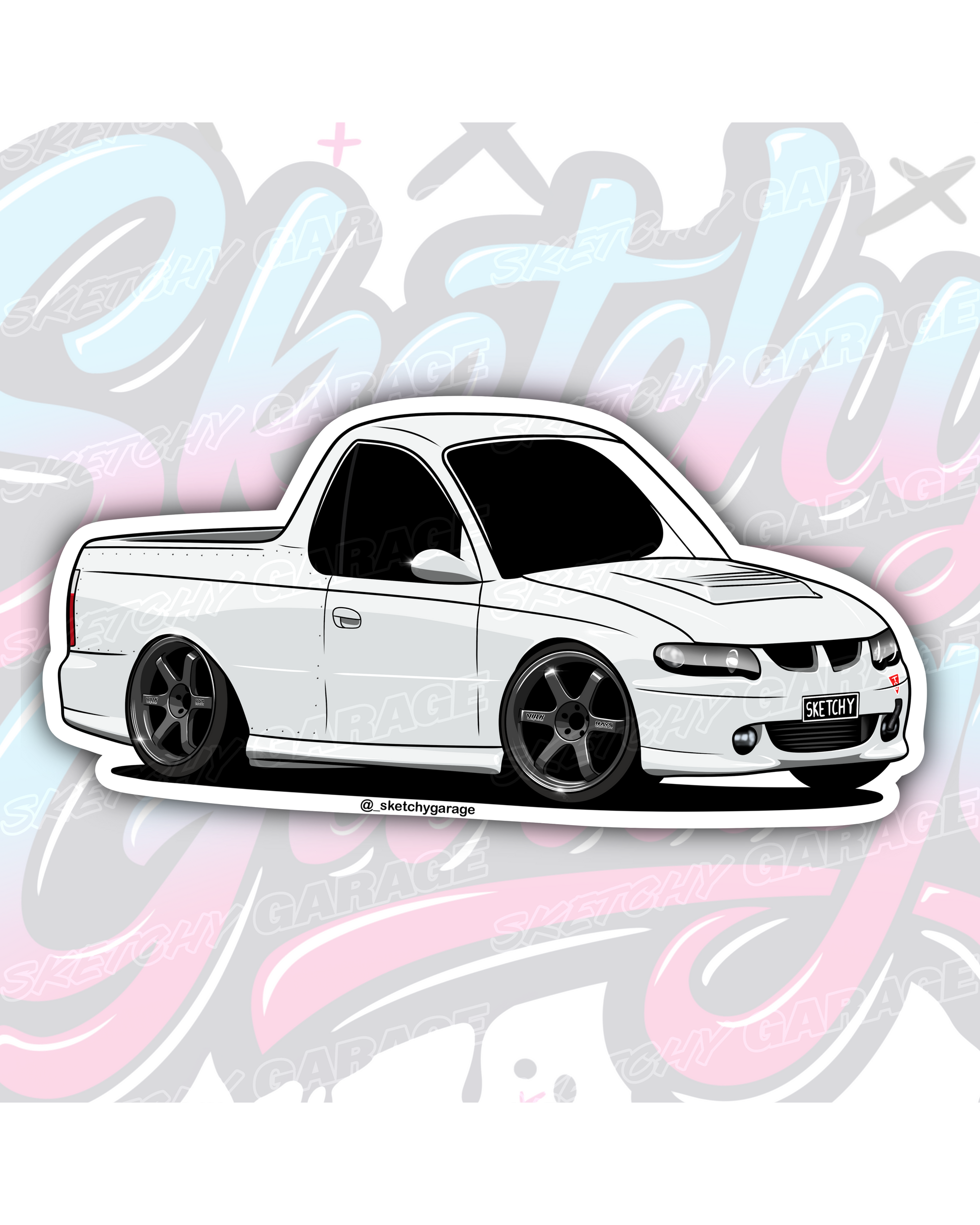 Hand-drawn Holden VU Commodore Ute vinyl sticker by Sketchy Garage